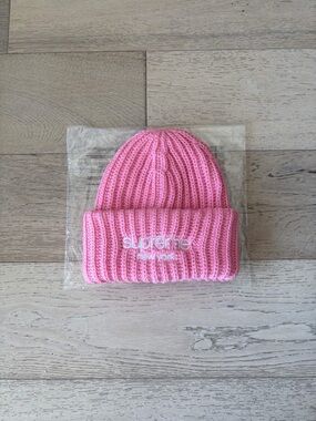 Supreme Pink Rib Knit Cuff Beanie with White Embroidered Logo